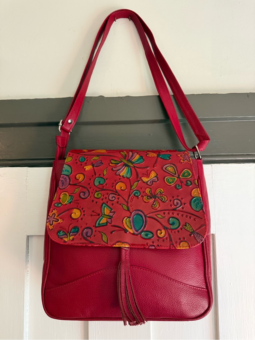 Red Floral Embossed Crossbody Bag with Tassel